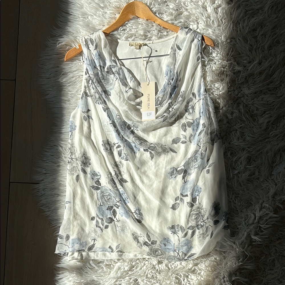 Silk Floral Sleeveless Top - White and Blue